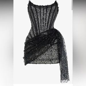BLACK SEQUIN CORSET DRAPED STRAPLESS MINI DRESS